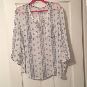 Sheer, Free-Flowing Navy Patterned Blouse